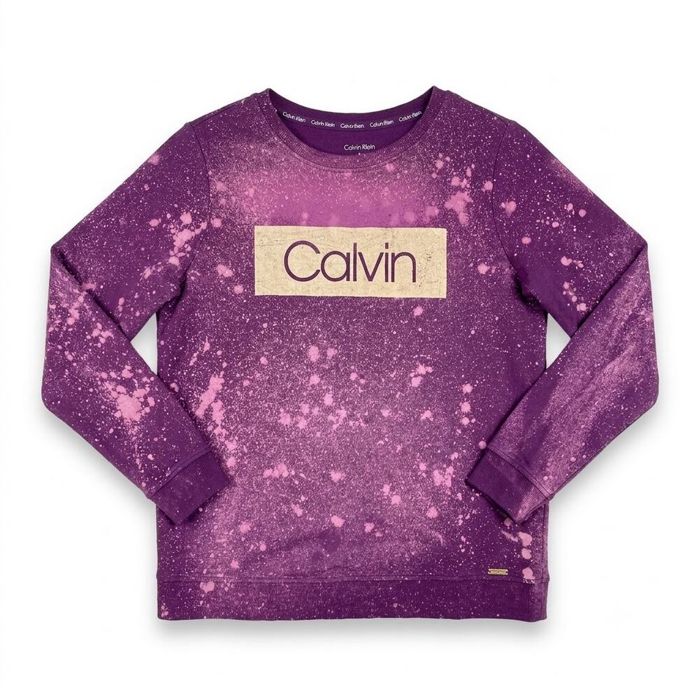 Calvin Klein Spatter Print Sweatshirt Purple Gold Foil Logo Casual Womens Medium